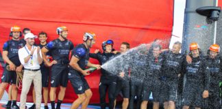 36th America’s Cup presented by Prada Race Day 3 Mike Lee sprays champagne as Emirates Team New Zealand celebrate their America’s Cup World Series win