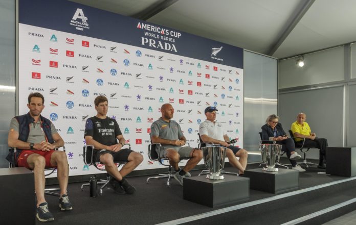 Presentation Press Conference_LargeImage_m2473 16/12/20 - Auckland (NZL) 36th America’s Cup presented by Prada Presentation Press Conference Ben Ainslie (Team Principal & Skipper Ineos Team UK), Peter Burling (Sailor Emirates Team New Zealand)Max Sirena (Team Director & Skipper Luna Rossa Prada Pirelli Team), Terry Hutchinson (Skipper & Executive Director New York Yacht Club American Magic), Tina Symmans (Chair of Americas Cup Event), Francesco Longanesi Cattani (COR 36)