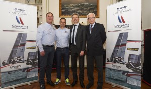 Paris Yacht Club de France, le 22février 2016, conférence de presse partenaire officiel Norauto. Groupama team France, Franck Cammas, Sylvain Burel, directeur de la communication Groupama, Thibaut Derville, Directeur Général de la filiale Belge de Norauto, Auto 5 et Yves Lagane président du Yacht Club de France