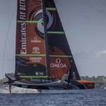 Emirates Team New Zealand sail their AC75 ‘Te Rehutai’ on the Waitemata Harbour in Auckland, New Zealand