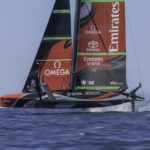Emirates Team New Zealand sail their AC75 ‘Te Rehutai’ on the Waitemata Harbour in Auckland, New Zealand