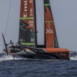 Emirates Team New Zealand sail their AC75 ‘Te Rehutai’ on the Waitemata Harbour in Auckland, New Zealand