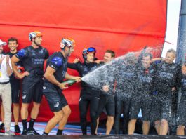 36th America’s Cup presented by Prada Race Day 3 Mike Lee sprays champagne as Emirates Team New Zealand celebrate their America’s Cup World Series win